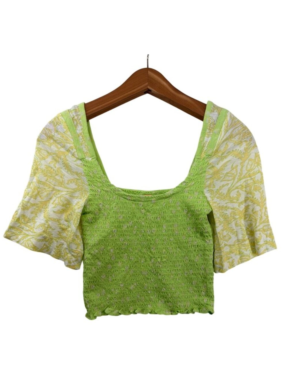 Free People Women Crop Top XS Marigold Smocked Square Neck Key Lime NWT MSRP $78